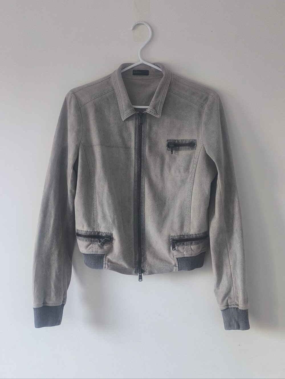 Light Gray Brown Suede Bomber Jacket with Zip Pockets